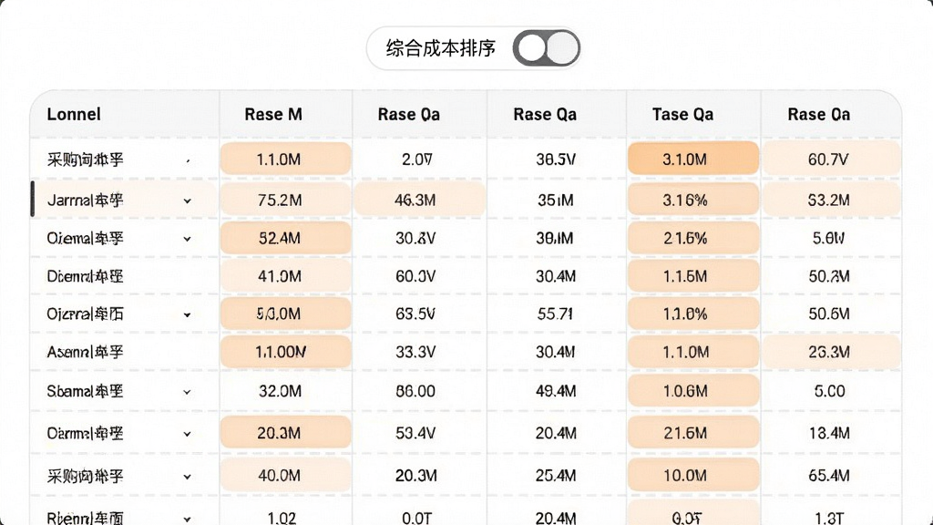 AI采购询源助手应用内报价对比表格界面,多列数据整齐排列,关键差异项用浅橙色高亮标注,表格上方有综合成本排序切换按钮,背景干净白色,整体风格清爽专业,画质细腻