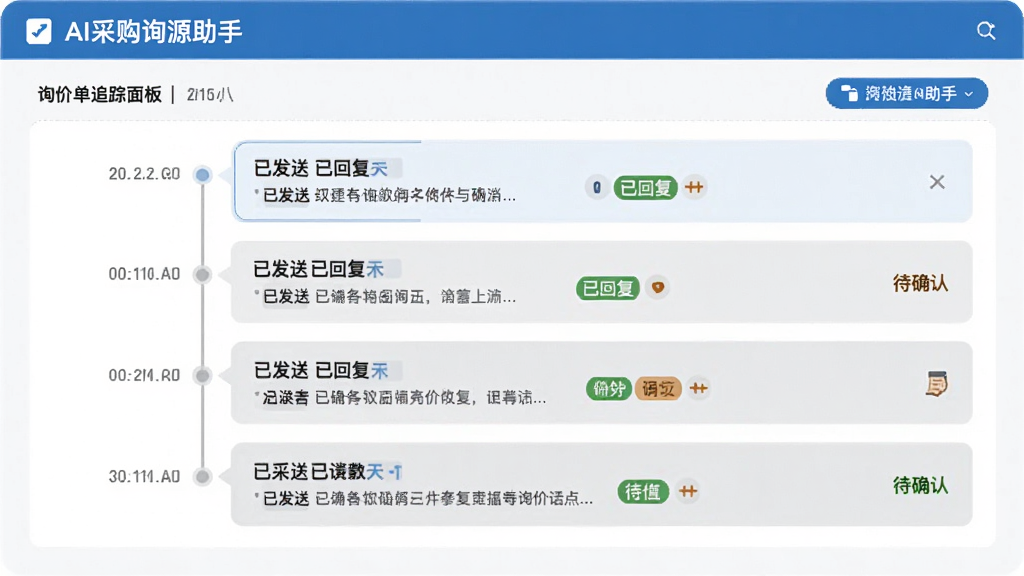 AI采购询源助手界面展示询价单追踪面板,多条询价记录以时间线形式排列,每条记录旁边标注已发送、已回复、待确认等状态标签,配色为蓝白灰商务风,布局整齐,画质清晰,无杂乱元素