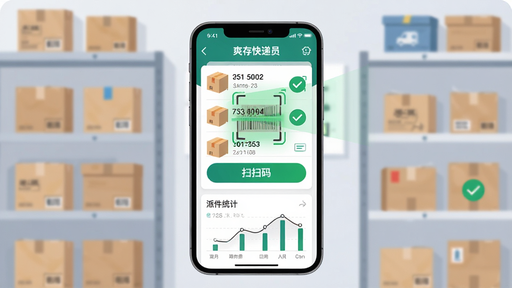 画面中央放置一部智能手机,屏幕上显示“爽存快递员”应用界面,界面包含快递列表、扫码按钮与派件统计图表,背景是整洁的快递驿站货架与包裹,布局采用居中构图,风格为现代扁平化插画,细节包括快递单号、扫描光线与绿色确认对勾,画质清晰,干净,无多余元素。