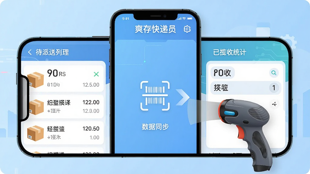 手机屏幕显示“爽存快递员”的智能揽派管理界面,左侧为待派送列表,右侧为已揽收统计,中间有扫描图标与数据同步箭头,背景为浅蓝色渐变,风格为科技感矢量插画,细节包括快递箱、扫码枪与时间戳,画质清晰,干净,无多余元素。