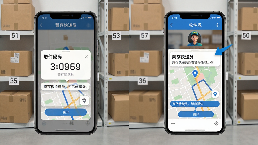 画面展示“爽存快递员”暂存通知功能,手机屏幕弹出取件码与地图指引,周围有多个快递包裹与货架编号,布局为左右分屏,左侧为暂存操作界面,右侧为收件人手机接收通知,风格为写实UI合成,细节包括取件码数字、位置图标与通知气泡,画质清晰,干净,无多余元素。