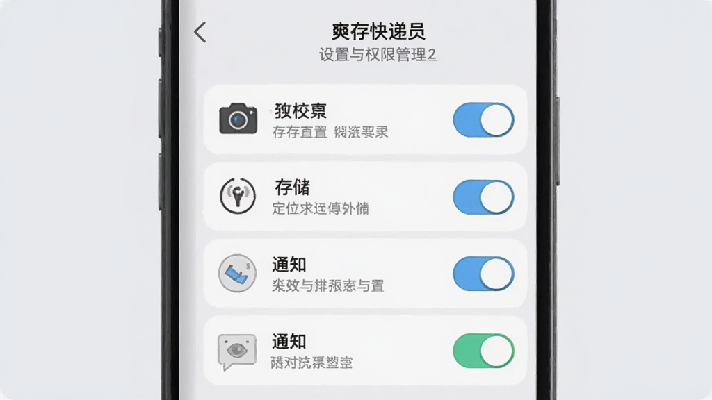 手机屏幕显示“爽存快递员”的设置与权限管理界面,包含相机、定位、存储、通知等开关,背景为浅灰色,布局为垂直列表,风格为极简UI插画,细节包括权限图标、开关按钮与提示文字,画质清晰,干净,无多余元素。