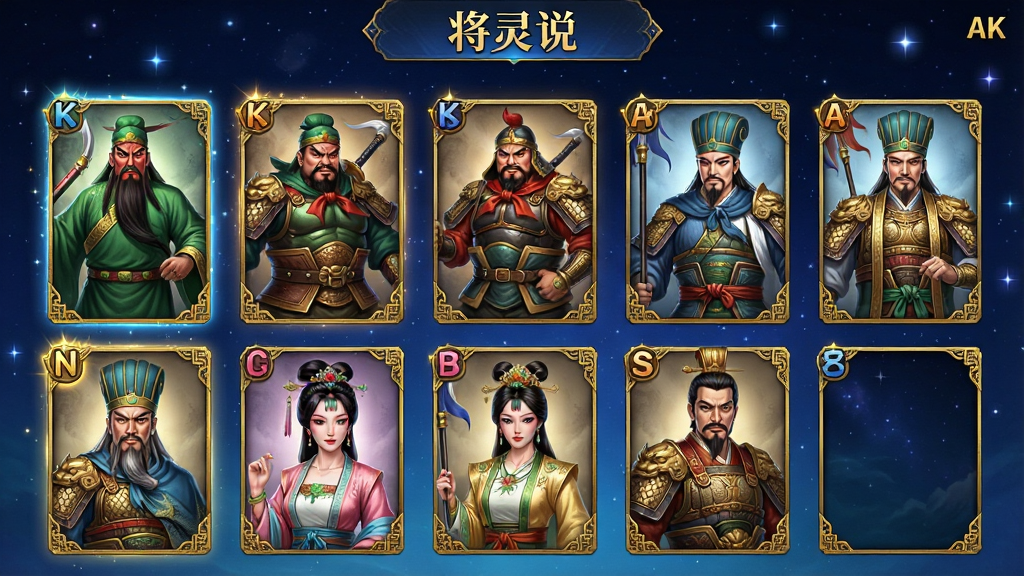 一张展示三国武将卡牌收集界面的游戏截图风格图片,画面以网格形式排列着多张武将卡牌,卡牌上分别绘制着关羽、张飞、赵云、诸葛亮、貂蝉等三国人物的国风立绘,卡牌边框为金色雕花样式,背景为深蓝色星空渐变,顶部有