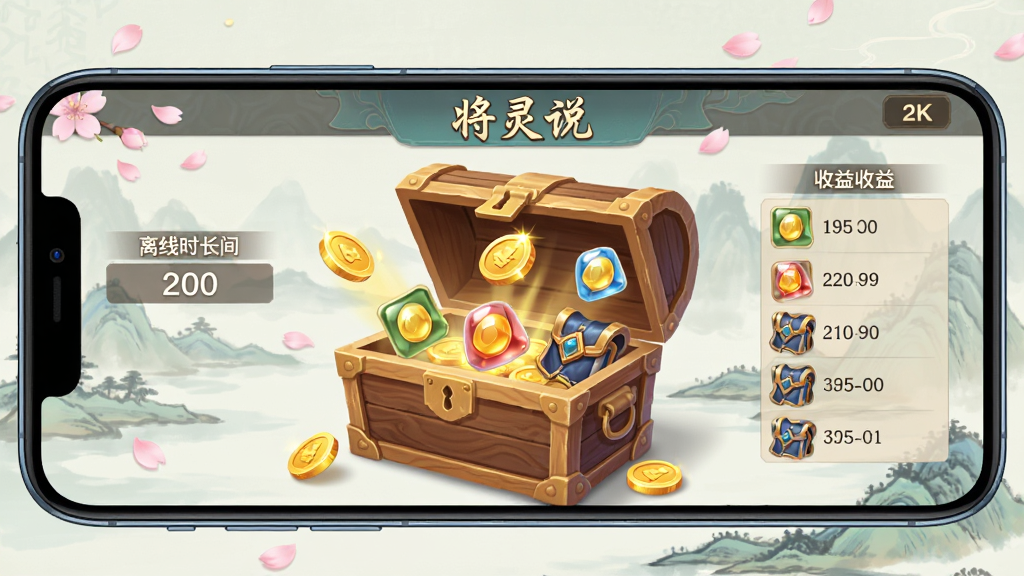 一部智能手机横屏展示放置类卡牌游戏的离线收益界面,画面中央是一个古风宝箱正在打开,宝箱中飞出金币、经验丹和装备图标,背景为淡雅的山水画风格,屏幕上方显示