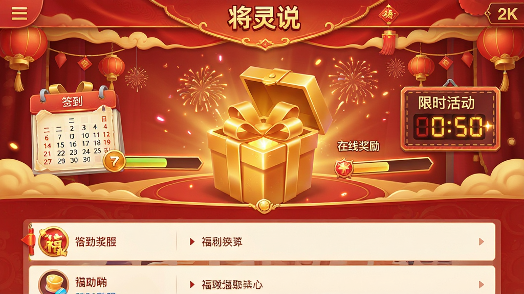 一张展示手机游戏福利活动中心的界面图片,画面中央是一个打开的金色礼盒,周围环绕着签到日历、在线奖励进度条、限时活动倒计时牌等元素,背景为喜庆的红色与金色搭配,顶部有