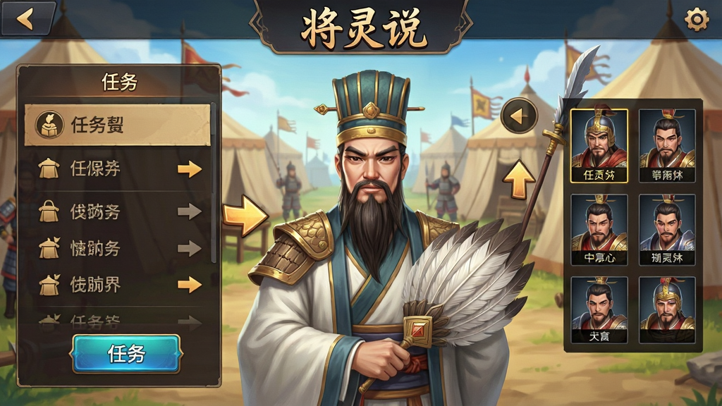 一张手机游戏新手引导界面的图片,画面中一位古装军师正在向玩家展示操作指引,界面左侧为任务列表,右侧为武将阵容,背景为古代军营帐篷,顶部有