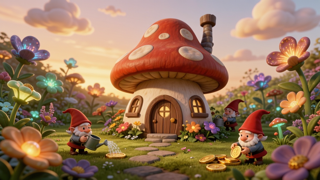 一个充满生机的奇幻花园场景,画面中央矗立着一座精致的蘑菇小屋,周围环绕着五颜六色的发光植物和鲜花,几个戴着红色尖顶帽的小侏儒正在花园中忙碌,有的在浇水,有的在采集金币,背景是柔和的夕阳天空和漂浮的云朵,整体风格为卡通渲染,色彩温暖明亮,细节丰富,画质清晰,干净无多余元素