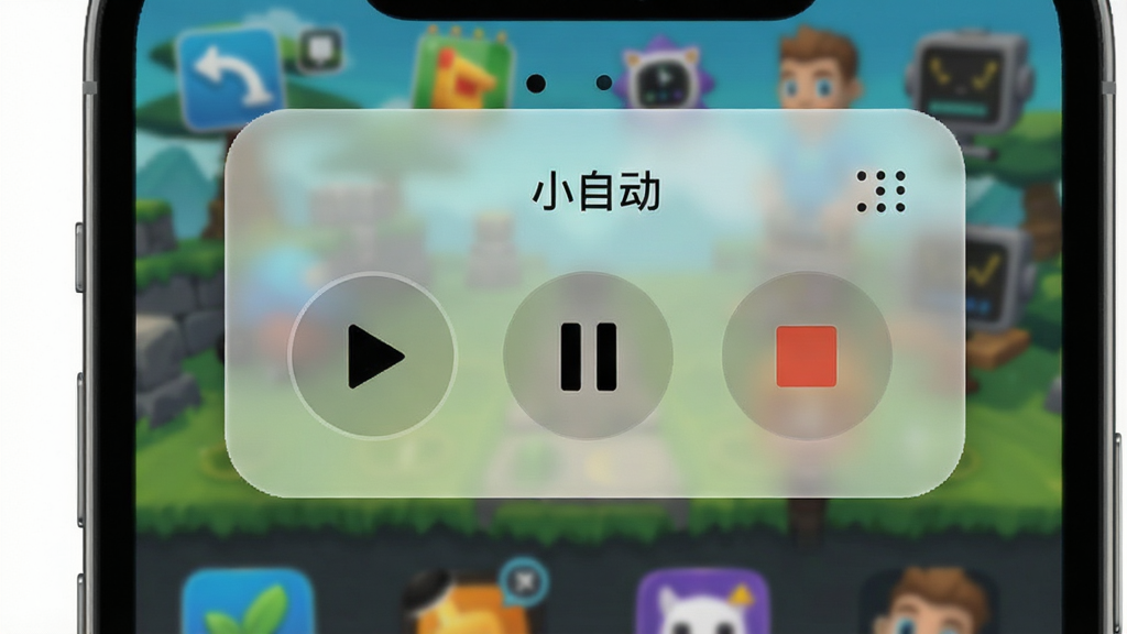 手机屏幕上方悬浮着小自动的控制面板,面板上有播放、暂停、停止按钮,背景是游戏或应用界面,主体突出悬浮窗,布局为悬浮窗位于屏幕边缘,风格为轻量级工具UI,细节包括半透明磨砂效果和简洁图标,画质高清,画面干净,悬浮窗上文字为“小自动”。