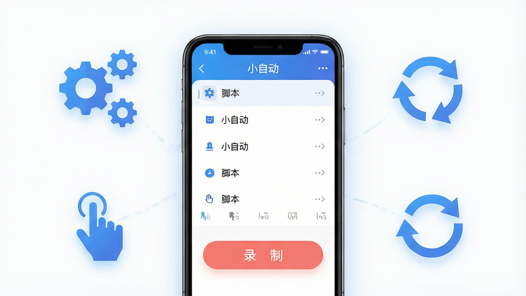一张展现小自动软件主界面的图片,画面中央是手机屏幕,屏幕上显示着小自动APP的脚本列表和录制按钮,周围环绕着自动化操作的图标元素如齿轮、手指点击、循环箭头等,布局简洁清晰,风格为现代科技感扁平化设计,细节包括柔和的蓝色光效和干净的白色背景,画质高清,无多余元素,画面中文字标注“小自动”。