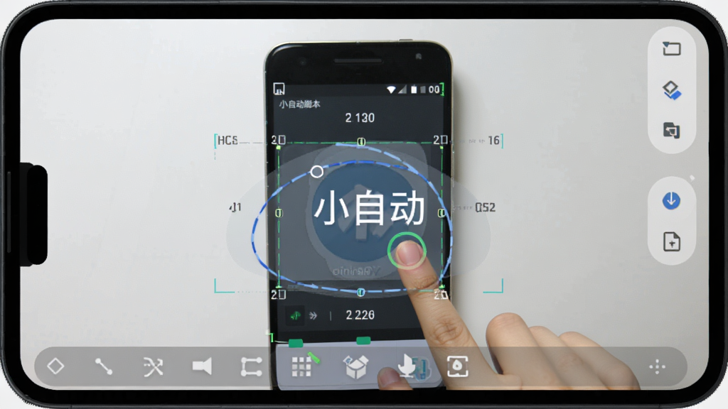 一部安卓手机屏幕显示小自动脚本编辑界面,画面中有清晰的点击轨迹线和坐标标记,主体是手机与操作手势,布局居中,风格为简洁的UI设计展示,细节包括半透明的操作轨迹覆盖层和编辑工具栏,画质清晰,干净无多余元素,屏幕中文字显示“小自动”。