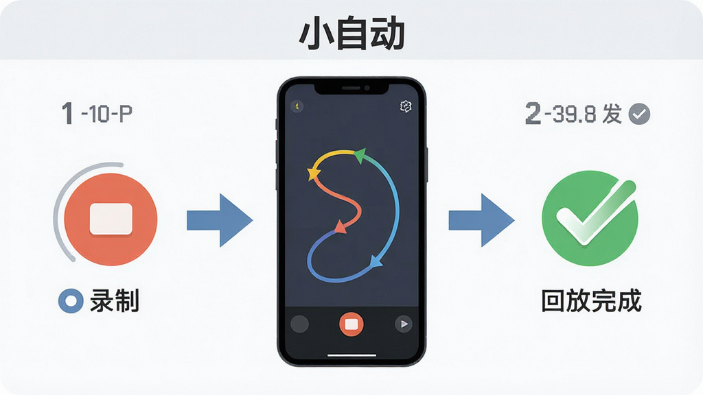 一张展示小自动操作流程的示意图,画面分为三个部分,左侧是录制按钮,中间是手机屏幕上的操作轨迹,右侧是回放完成的勾选标记,主体为流程示意,布局横向排列,风格为信息图表式扁平设计,细节包括箭头连接和步骤编号,画质清晰,画面干净,图中文字标注“小自动”。