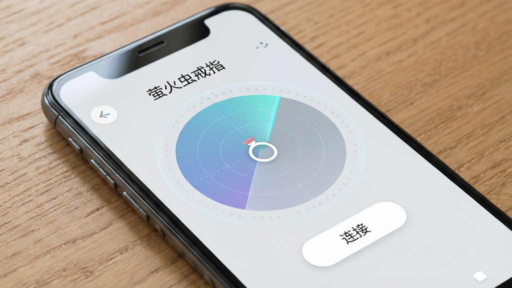 一部安卓手机放在木质桌面上,手机屏幕显示“萤火虫戒指”应用的设备扫描界面,界面中有一个圆形雷达动画正在扫描,雷达中心出现一枚戒指图标,旁边有“连接”按钮,背景为浅灰色极简风格,排版为手机屏幕特写,风格为清新简洁,细节包括雷达波纹的渐变效果、按钮的圆角设计、手机边框的反光,画质干净,无多余元素