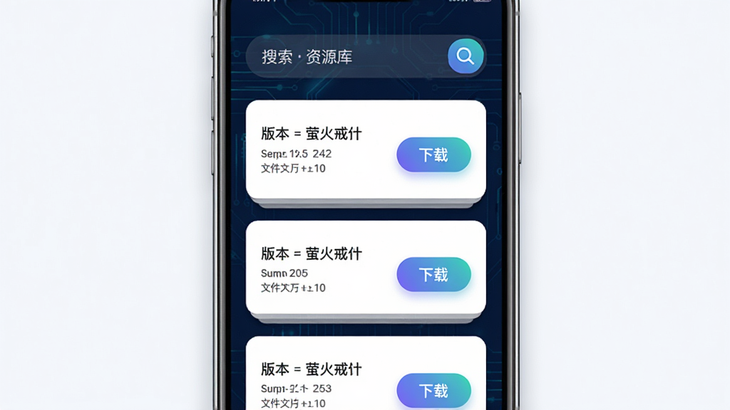 手机屏幕显示“萤火虫戒指”应用的资源库页面,页面顶部有搜索框,下方以卡片列表形式展示多个固件版本,每个卡片带有版本号、文件大小和“下载”按钮,背景为深蓝色科技风格,排版为纵向列表,风格为现代简约,细节包括卡片的阴影效果、按钮的渐变色彩、搜索框的放大镜图标,画质清晰,干净,无多余元素