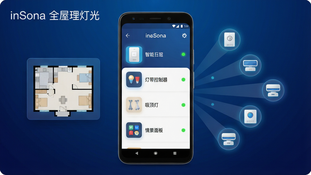 inSona多设备统一管理界面预览图,画面展示一部安卓手机,屏幕中呈现设备列表页面,列表内包含智能开关面板、灯带控制器、吸顶灯、情景面板等图标,每个设备旁有在线状态圆点,手机左侧悬浮一个家庭户型简图,右侧漂浮多个设备图标,布局为手机居中、设备图标向外发散,排版层次分明,风格为扁平化科技风,细节上图标带有微光效果,界面背景为深蓝色渐变,画质高清,画面干净,无多余元素,画面中标注文字“inSona 全屋灯光”。