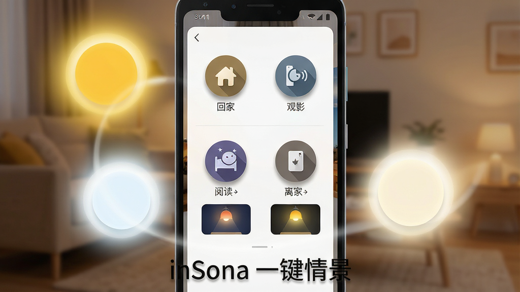 inSona情景模式界面预览图,画面中央为一部安卓手机,屏幕上展示情景模式选择面板,面板上有回家、观影、阅读、睡眠、离家等圆形图标,每个图标下方配有对应灯光效果的小图,手机周围漂浮着暖黄、冷白、暖白三种光晕,布局为手机居中、光晕环绕,排版简洁明快,风格为温馨家居与科技感融合,细节上图标带有轻微投影,画质高清,画面干净,无多余元素,图片下方标注文字“inSona 一键情景”。