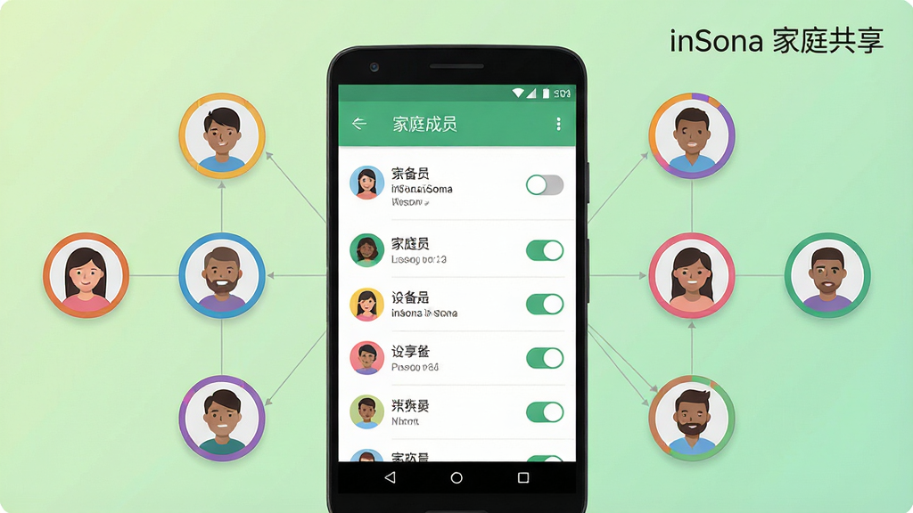 inSona设备分享与多人协作界面预览图,画面中央为一部安卓手机,屏幕上显示家庭成员列表与设备分享权限开关,手机两侧漂浮多个用户头像图标,头像之间有连线表示共享关系,布局为手机居中、头像对称分布,排版整齐,风格为扁平化社交风,细节上头像带有彩色圆环,界面背景为浅绿色渐变,画质高清,画面干净,无多余元素,画面中标注文字“inSona 家庭共享”。