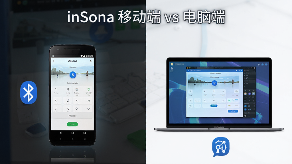 inSona移动端与电脑端操作对比图,画面左侧为一部安卓手机展示inSona控制界面,右侧为笔记本电脑屏幕展示模拟器中的相同界面,中间用虚线分隔,手机旁有蓝牙图标,电脑旁有网络图标,布局为左右对比、中间分隔,排版对称,风格为科技对比图,细节上手机屏幕亮度较高,电脑屏幕色彩偏冷,画质高清,画面干净,无多余元素,图片上方标注“inSona 移动端 vs 电脑端”。