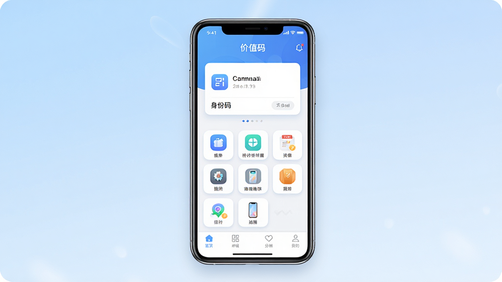 价值码手机应用主界面预览图,画面中央展示一部智能手机,屏幕显示“价值码”应用首页,包含身份码卡片、功能图标宫格与底部导航栏,背景为浅蓝色渐变,布局简洁清晰,排版居中对称,风格现代科技感,细节包括圆角图标、柔和阴影与状态栏时间显示,画质高清干净无多余元素