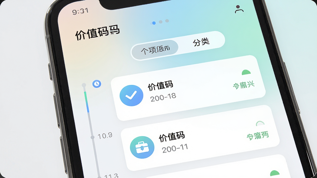 价值码权益管理功能界面示意图,画面主体为手机屏幕特写,屏幕内展示“价值码”权益列表页面,包含时间轴视图与分类标签切换按钮,列表项带有图标与状态标识,布局采用上下结构,风格清新简约,细节包括柔和渐变背景、卡片式列表与圆形图标,画质清晰干净无多余元素