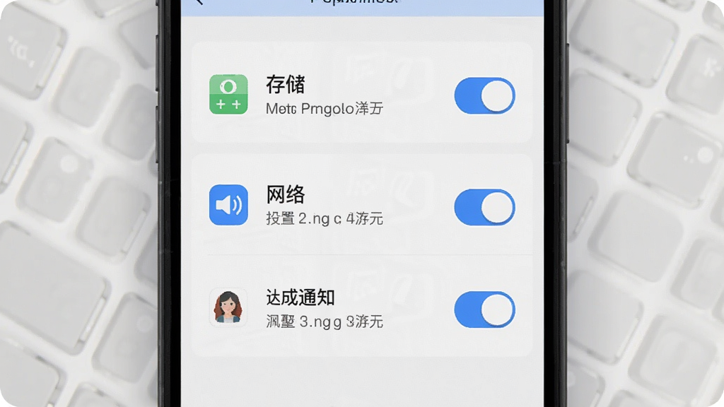 价值码安装设置与权限管理操作示意图,画面展示手机屏幕中应用权限设置页面,包含存储、网络与通知权限开关,布局为纵向列表,风格简洁明了,细节包括权限图标、开关按钮与说明文字,画质清晰干净无多余元素