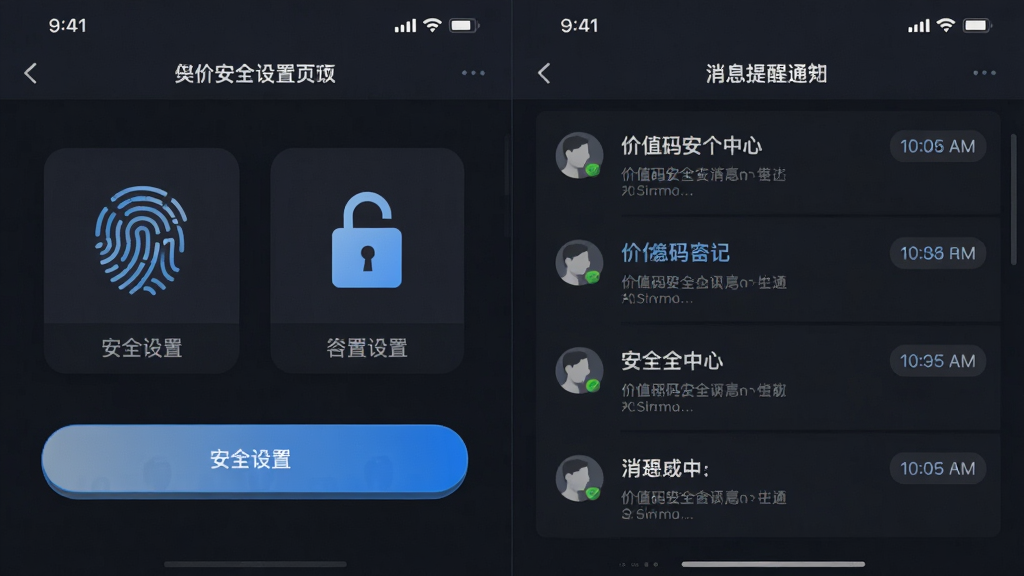 价值码安全中心与消息提醒界面组合图,画面左侧展示安全设置页面包含指纹图标与密码锁图标,右侧展示消息通知列表页面,整体布局为左右分栏,风格沉稳专业,细节包括深色背景、高亮按钮与时间标签,画质高清干净无多余元素
