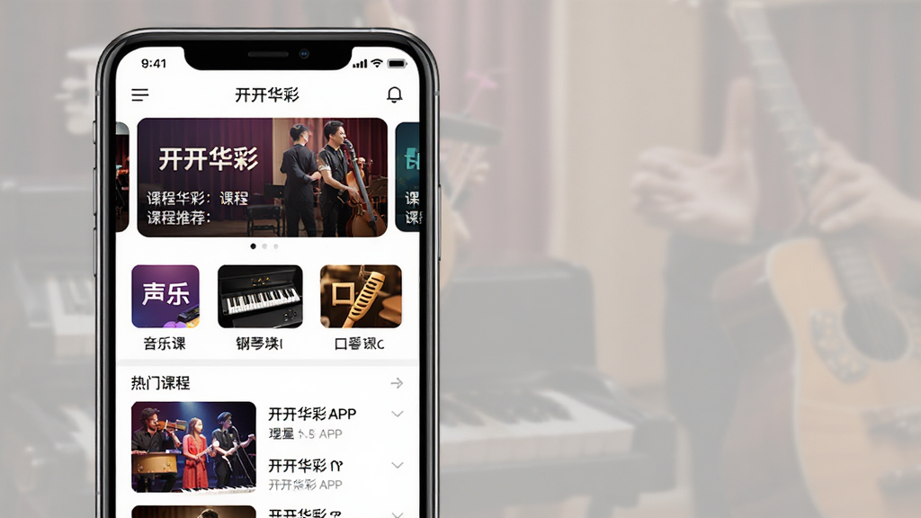 开开华彩手机应用界面展示图,主体为一部智能手机屏幕显示开开华彩APP首页,布局采用上下结构,上方为课程推荐轮播图,中间为功能分类图标,下方为热门课程列表,排版整齐清晰,风格为现代简约教育类应用界面,细节包括声乐课、钢琴课、口琴课等课程封面图,画质高清,画面干净,无多余元素,屏幕中显示文字“开开华彩”