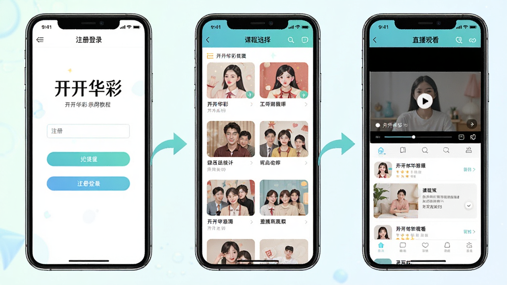 开开华彩使用教程示意图,主体为手机屏幕显示开开华彩APP操作界面,布局采用分步骤展示,左侧为注册登录页面,中间为课程选择页面,右侧为直播观看页面,排版为横向三屏并排,风格为清新简洁的教程示意图,细节包括箭头指示操作流程,画质高清,画面干净,无多余元素,屏幕中显示文字“开开华彩”