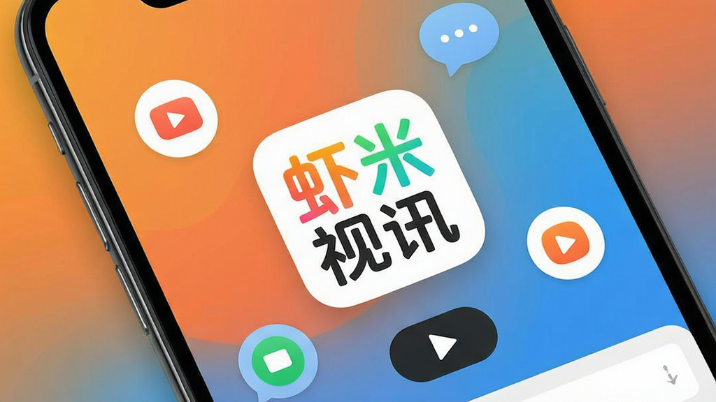 一张展示虾米视讯软件主界面的手机屏幕截图,画面中央是软件名称“虾米视讯”的彩色Logo,周围环绕着视频通话图标、聊天气泡和短视频播放按钮,背景是温馨的橙蓝色渐变,风格现代简洁,画质清晰,干净无多余元素