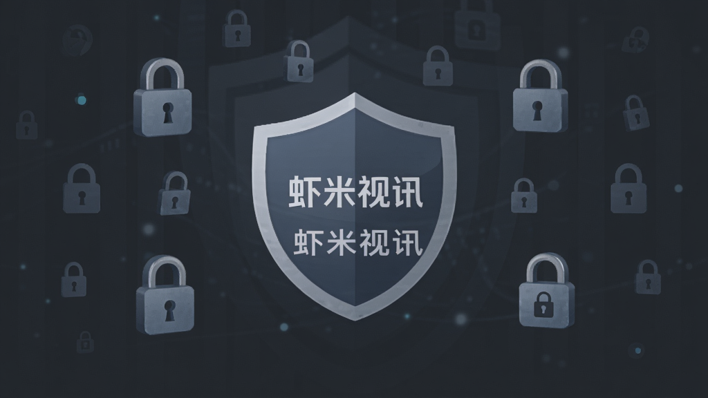虾米视讯隐私安全设置页面,手机屏幕显示盾牌图标和“虾米视讯”文字,周围环绕着锁形图标和加密符号,背景为深灰色安全主题,风格稳重专业,画质清晰,干净无多余元素