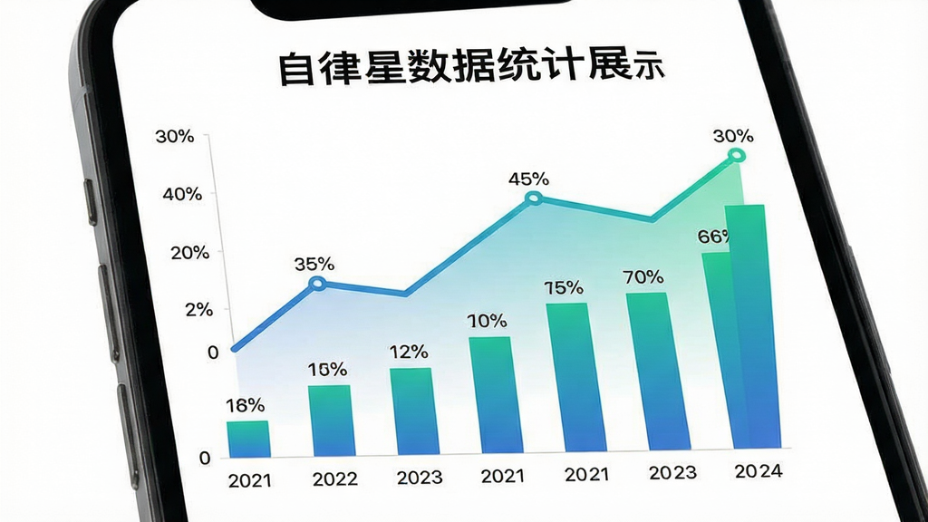 自律星数据统计图表展示图,画面中手机屏幕显示折线图与柱状图组合,图表颜色为蓝绿渐变,背景为纯白,布局上方为标题下方为图表,风格商务简洁,细节包含百分比数字与日期坐标轴,画质锐利无噪点