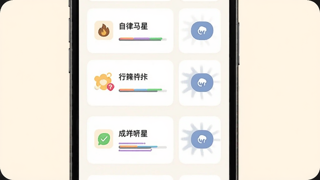 自律星习惯打卡设置界面展示图,画面展示手机屏幕中多个习惯卡片排列,每个卡片带有图标、名称与打卡按钮,背景为柔和米白色,布局为纵向列表,风格简约现代,细节包含彩色进度条与打卡成功动画效果,画质干净清晰