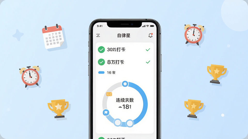 自律星应用主界面展示图,画面中央放置一部智能手机,手机屏幕显示自律星APP的习惯打卡列表与进度环形图,背景为简洁的浅蓝色渐变,周围漂浮着日历、闹钟、奖杯等小图标,整体布局居中对称,风格清新扁平化,细节包含打卡对勾标记与连续天数数字,画质清晰干净,无多余元素