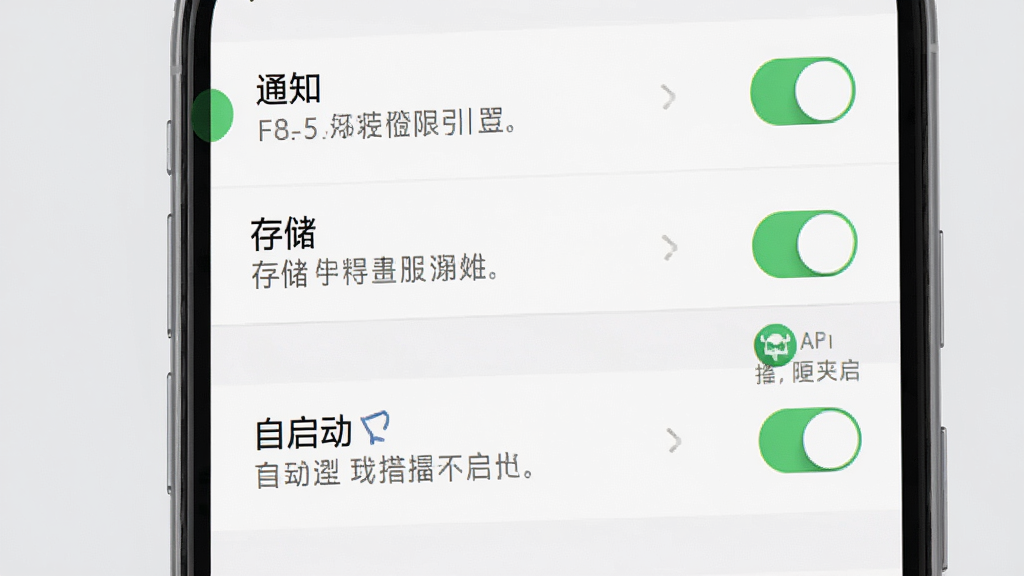 自律星手机端权限设置引导界面展示图,画面中手机屏幕显示权限列表,包含通知、存储、自启动等选项,背景为浅灰色,布局为纵向列表,风格清晰直观,细节包含开关按钮与说明文字,画质干净无杂乱元素
