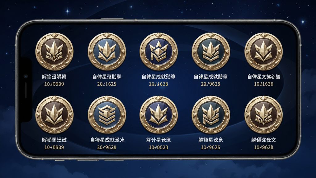 自律星成就勋章页面展示图,画面中央为手机屏幕显示多个圆形勋章排列,勋章带有金属光泽与不同图案,背景为深蓝色星空渐变,布局为网格状,风格精致有质感,细节包含勋章下方文字说明与解锁日期,画质高清干净