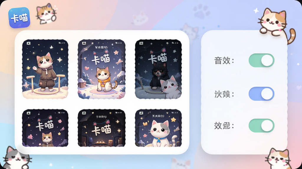 卡喵主题切换界面,左侧展示多款主题缩略图,右侧是音效设置开关,界面采用圆角卡片设计,背景为柔和渐变,有猫咪形象点缀,画面中可见“卡喵”应用图标,整体风格清爽,高清画质,干净整洁