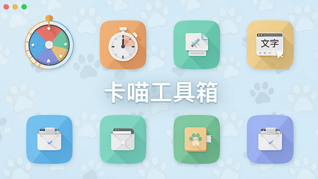 卡喵创意工具箱界面,展示转盘、计时器、文字提取等工具图标,图标采用扁平化设计,配色清新,背景有淡淡的猫咪爪印装饰,画面中央有“卡喵工具箱”字样,整体布局整齐,高清画质,无多余元素