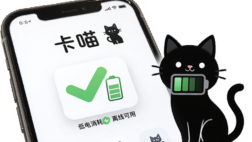 卡喵应用在手机上的运行状态示意图,展示低电量消耗和离线可用标识,界面有绿色对勾和电池图标,背景是简洁的白色,带有“卡喵”名称和猫咪剪影,整体风格科技感与可爱结合,高清画质,无冗余信息