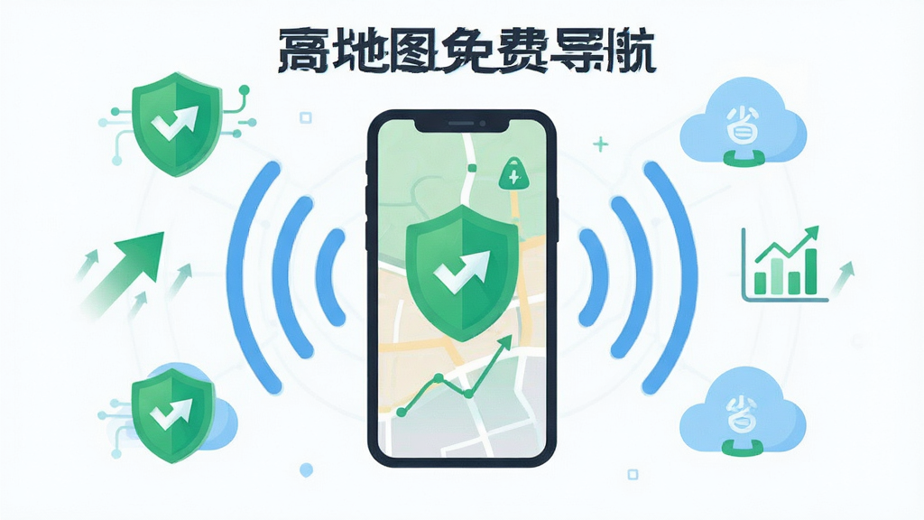 高图地图免费导航轻量省流概念图,主体为智能手机与流量数据图标组合,布局为手机居中、周围环绕信号波纹与省流标识,排版对称平衡,风格为扁平化科技插画,细节包括绿色盾牌、数据箭头、云朵图案,画质清晰,干净,无多余元素,图片中文字为“高图地图免费导航”