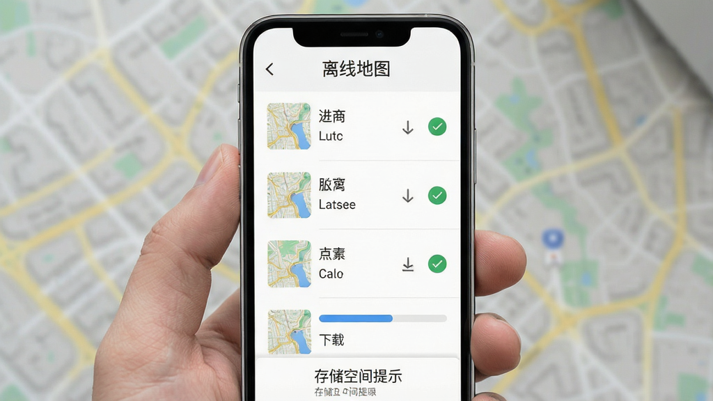 高图地图免费导航离线地图下载界面,主体为手机屏幕展示城市列表与下载进度条,布局为顶部标题栏、中部列表区域、底部存储空间提示,排版清晰直观,风格为浅色极简风,细节包括下载箭头、地图缩略图、已下载对勾标记,画质高清,干净,无多余元素,图片中文字为“离线地图”