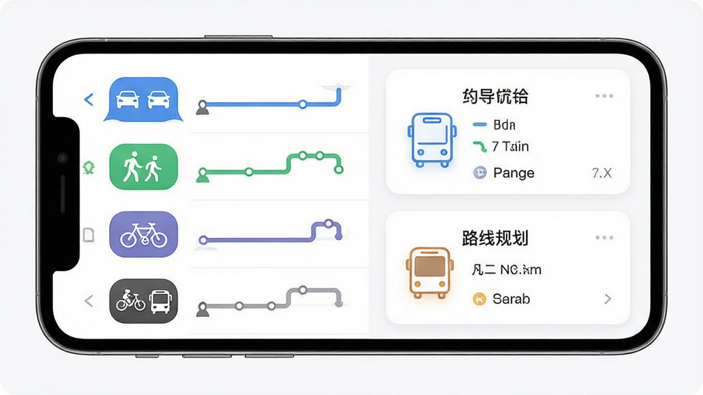 高图地图免费导航多模式路线规划示意图,主体为手机屏幕显示四种出行方式图标与路线对比列表,布局为左侧图标栏、右侧路线详情卡片,排版整齐有序,风格为清爽UI设计风,细节包括汽车、行人、自行车、公交车小图标,画质高清,干净,无多余元素