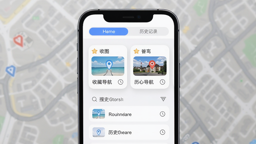 高图地图免费导航收藏夹与历史记录页面,主体为手机屏幕展示收藏地点卡片与历史搜索列表,布局为顶部标签切换、中部内容区域,排版整齐,风格为柔和圆角卡片风,细节包括星标图标、时钟图标、地点缩略图,画质高清,干净,无多余元素