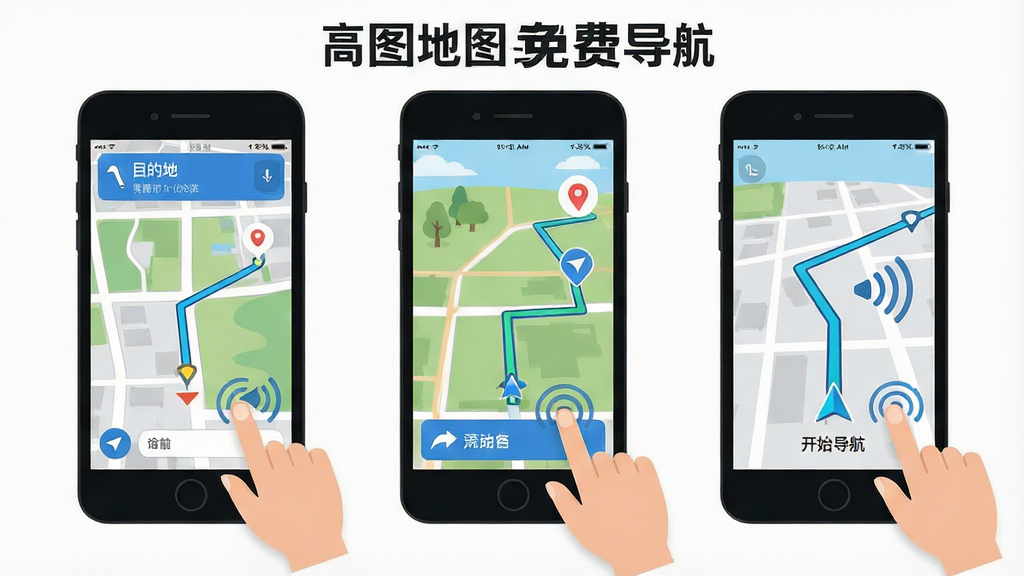 高图地图免费导航新手操作流程图,主体为手机屏幕分步骤展示输入目的地、选择路线、开始导航三个画面,布局为横向排列三台手机,排版均匀,风格为扁平化教程插画,细节包括手指点击图标、路线高亮、语音波纹,画质高清,干净,无多余元素,图片中文字为“高图地图免费导航”