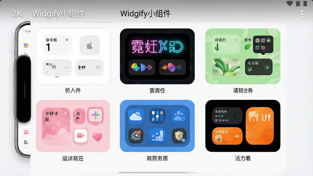一张展示手机屏幕内呈现多个不同风格小组件模板的界面截图,画面主体为手机屏幕,屏幕上以网格形式排列着六种不同风格的小组件预览图,包括极简白、暗黑霓虹、清新绿、粉色卡通风、商务蓝和活力橙。排版整齐有序,每个预览图下方带有简短的风格标签。风格为UI设计展示图,细节上强调界面的清晰度与色彩还原度,屏幕顶部显示“Widgify小组件”标题。画质要求2K高清,画面干净,无多余元素。