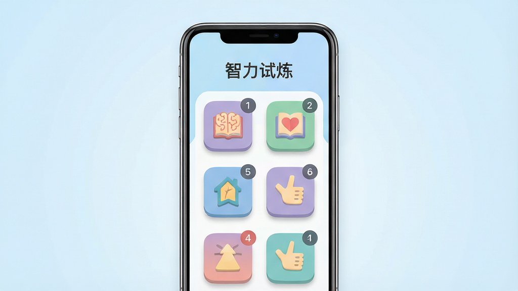 一张展示智力试炼软件主界面的高清图片,画面中央为手机屏幕,屏幕内呈现色彩柔和的智力试炼应用界面,包含智力试炼标题和多个关卡图标,背景为淡蓝色渐变,布局简洁居中,风格清新扁平化,细节包括图标阴影与数字角标,画质清晰,干净,无多余元素