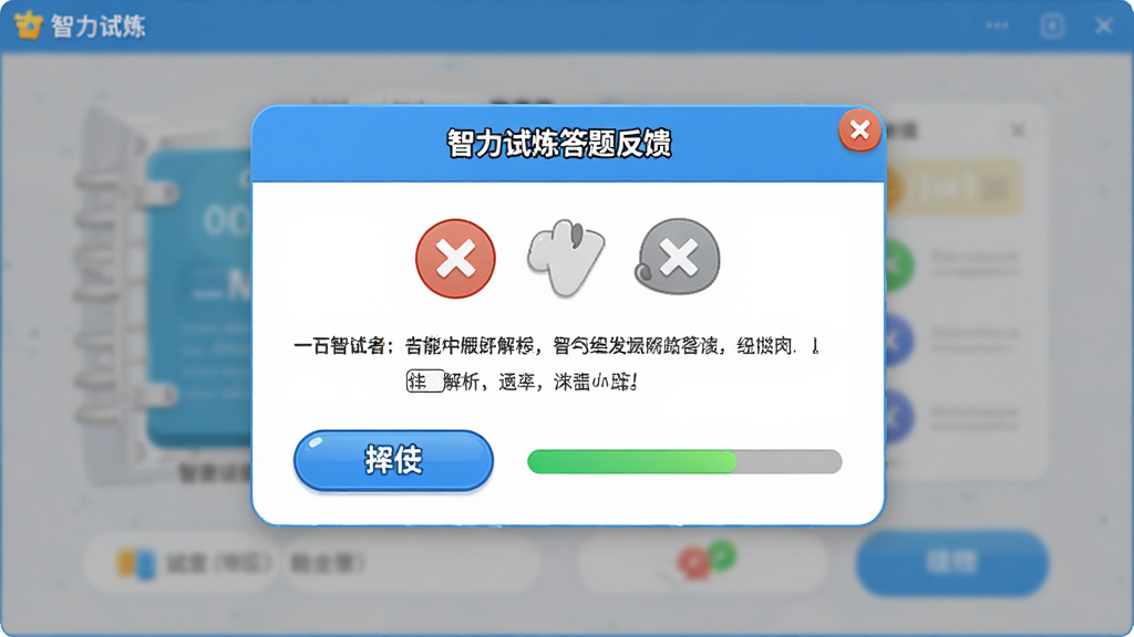一张展示智力试炼答题反馈界面的AI图片,画面中心为智力试炼软件答题后的反馈弹窗,显示对错图标和简短解析文字,布局居中,风格明快友好,细节包括按钮高光与进度条,画质清晰,干净,无多余元素