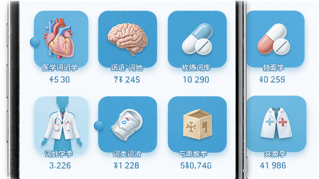 ҽѧӢ�ﱳ���ʴʿ������棬����Ϊ�ֻ�Ӧ�ý�ͼ�����Ļ��չʾ�Ŷ��ҽѧѧ�Ʒ���ͼ�꣬�����ࡢ���ԡ�ҩ��ȣ�����Ϊ����״���У��Ű����룬���Ϊ����ҽ��������ɫ��ϸ�ڰ���ÿ�������·��Ĵʻ�������ע�����ʸ���ɾ��޶���Ԫ��