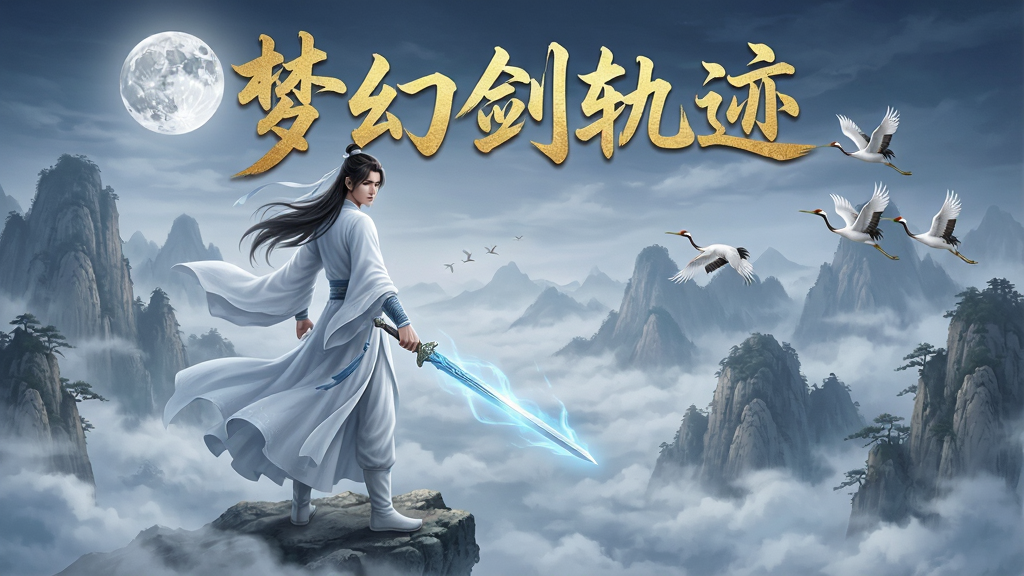 一幅东方仙侠风格的手机游戏宣传图,主体是一位身着飘逸白衣的年轻剑客手持长剑站在云雾缭绕的山巅,背景是层峦叠嶂的群山与一轮明月,画面中央用金色毛笔字体写着“梦幻剑轨迹”,布局为竖版手机壁纸比例,排版上人物居中偏左、标题位于上方,风格为唯美写实国风,细节包括剑身泛着淡蓝光芒、衣袂随风飘动、远处有仙鹤飞过,画质4K超高清、干净、无多余元素