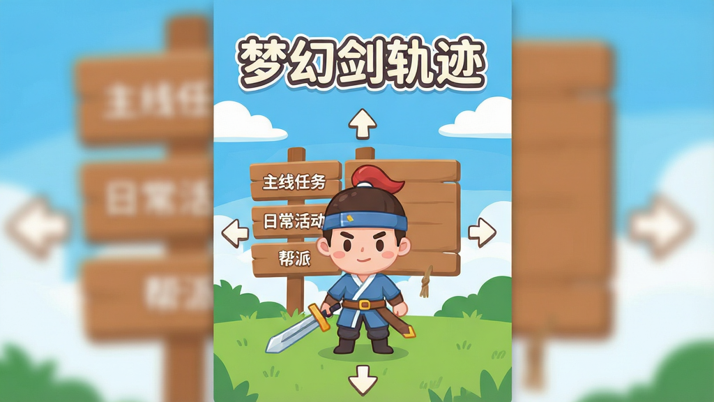 一幅手机游戏新手引导界面概念图,主体是一个卡通风格的剑客角色站在指示牌前,布局为竖版手机屏幕比例,排版上角色位于画面中央、四周有箭头指示方向,风格为清新扁平化,细节包括指示牌上写着“主线任务”“日常活动”“帮派”等字样,背景为蓝天白云与草地,画面上方用圆润字体写着“梦幻剑轨迹”,画质1080P、干净、无多余元素