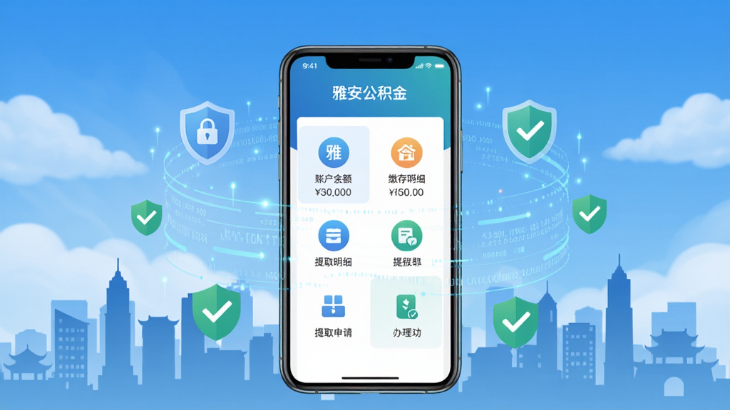 主体为一部智能手机,屏幕上显示“雅安公积金”APP的首页界面,界面中包含账户余额、缴存明细、提取申请等图标入口。布局采用居中展示,背景为雅安城市剪影与蓝天白云。排版简洁清晰,风格为现代扁平化科技风。细节上手机周围环绕着数据流、盾牌安全图标和办理成功的对勾标记。画质高清,干净无多余元素。