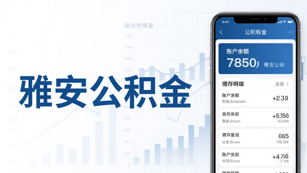 主体为“雅安公积金”文字标识和手机界面,屏幕内展示账户余额和缴存明细列表。布局为左侧大号文字,右侧手机屏幕。排版左右平衡。风格为商务蓝白配色。细节上数字清晰可见,背景有淡淡的网格和图表元素。画质干净,无杂乱元素。